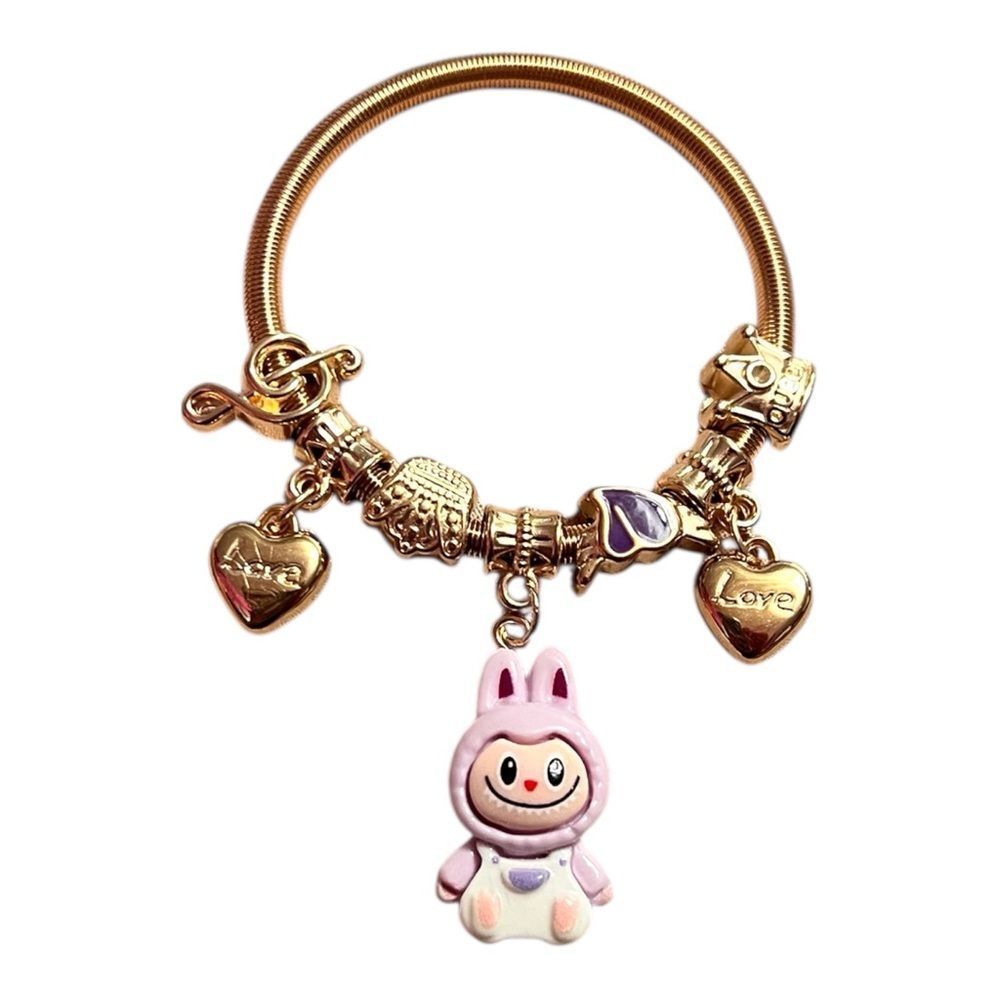 🤯5/$25🤯 Stretchy Purple Labubu Love Heart Crown Note Gold Child’s Charm Bracelet